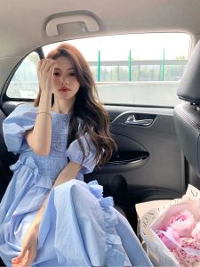 Dress Blue Bubble Sleeves Ruffled Patchwork Dress for Women Summer Loose Round neck Puffy Waist Long Aline Dress Girls lolita dress