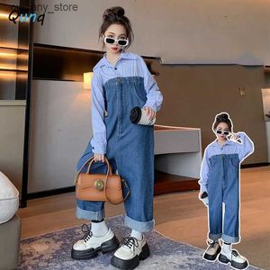 Tute Qunq 2023 Primavera Ragazze Colletto rovesciato Manica lunga Camicia carina Denim Impiombato Tuta lunga Casual Abbigliamento per bambini Età 8 anni L240307