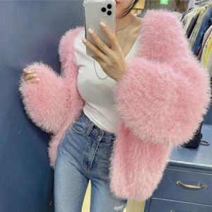 Cardigans Sweater Vneck Furry Loose Knit Cardigan Mohair Crochet Jacket Faux Fur Plush Jacket Velvet Lantern Sleeve Top Sweater Jacket