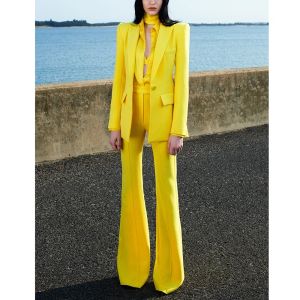 Suits Fashion Women Suits Slim Fit 2 Piece Yellow Peak Lapel One Button Blazer Prom Party Office Lady Outfits Jacket Flare Pants Set