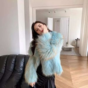 2023 Haining Winter New Raccoon Dog Woven Car Stripe Fur Coat Women's Short Genuine Wool Navy Collar Young Style 747918