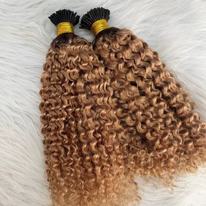 Kinky Curly IチップヘアエクステンションオンブルT2/27マイクロリンク事前結合髪の延長100g