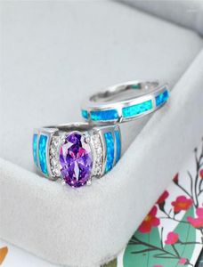 Pierścienie ślubne Dainty Blue Opal Pierścień Zestawy luksusowe fioletowe owalne kryształowy klasyczny cyrkon srebrny kolor dla kobiet9322494