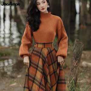 Dresses Women's Spring Autumn Vintage Plaid Long Skirts Sweater Twopiece Set French Lady Graceful Knit Pullover High Waist Skirt Outfit