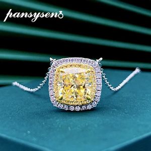 Pansysen Necklace for Women Silver 925 Sterling 8mm Square Cut Citrine High Carbon Diamond Simple Pendant Necklaces Fine Jewelry 240305