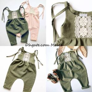 ins kids belt lace rompers girls green pink crochet floral cotton Jumpsuits infant cute romper 02year ship3071659