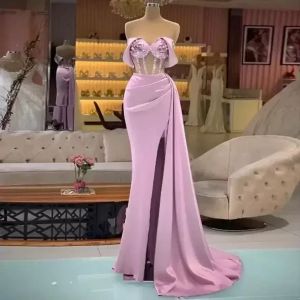 Sexy Pink Light Sky Blue Off Shoulder Mermaid Evening High Side Split Pearls Formal Prom Party Gowns For Women Satin Tail Dresses Bc14066
