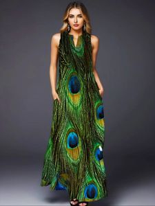 Lady Summer Long Dress Green Sleeveless Feather Print Elegant Party Dresses For Women Casual Beach Women Dress Cloth 240307
