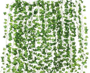 Dekorativa blommor kransar 12st 2m murgröna gröna falska blad girland växt vinrankor lövverk hem dekor plast rotting string vägg artif6607337