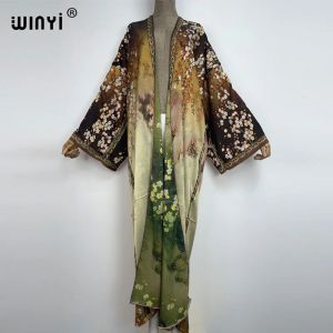 Cover-up 2022 Winyi Herbst Hochwertiges doppelseitig bedrucktes Seidenkleid Strandkleidung Boho Cardigan Elegant Sexy Urlaub Langarm Kimono