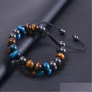 Chain 10Mm Blue Tiger Eye Stone Bracelet Double Layer Beaded Braided Adjustable Hematite Magnet Bracelets Wristband Cuff For Men Jewe Dhyr9