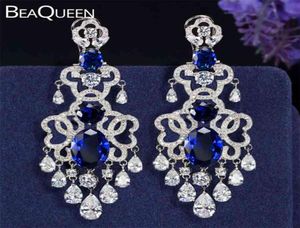 BeaQueen Royal Europäisches Design, blaue Zirkonia und weiße Kristallquaste, supergroße baumelnde Ohrringe für Damen E039 2106247083618