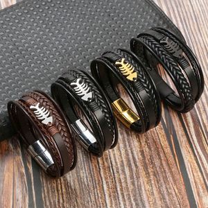 Mens Stainless Steel Magnetic Clasp fish bone Bracelet Brown Multi Layer Genuine Braided Leather Bracelets bangle cuff fashion jewelry