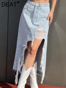 Etek Deat Moda Kadın Etek Bel Düzensiz Bölünmüş Püskül Yıkanmış Düz Renk Anklelenglingling Denim Etekler Yaz 2023 YENİ 17A7369