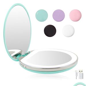 Kompaktspiegel, 5 Farben, 3/10-fache Vergrößerung, beleuchteter Make-up-Spiegel, Mini, rund, tragbar, LED-Make-up-Sensing, USB, aufladbar, Drop Deli Dhqko