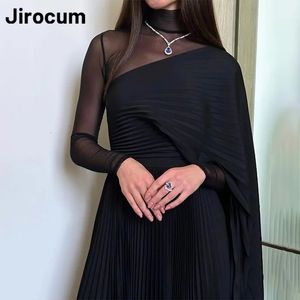 Jirocum High Neck Prom Gown Womens Tulle Full Sleeve Pleated Party Evening Downs A Line Chiffon Ankel Längd cocktailklänning 240227