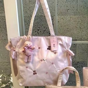 かわいいウサギのベア刺繍dumplingバッグ女性用y2kヴィンテージカジュアルピンクトラベルショルダーハンドバッグ240229のための大容量トートバッグ