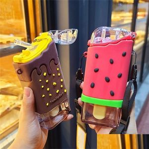 Water Bottles New Summer Cute Donut Ice Cream Water Bottle With St Creative Square Watermelon Cup Portable Leakproof Tritan Bpa Drop D Dhu0E