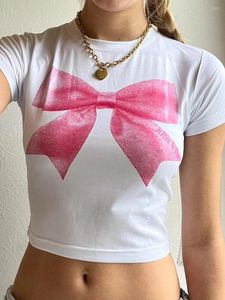 女性のTシャツY2K美学かわいいクロップトップ2000年代レトロボウノットプリントTシャツカワイイ首ネックプレッピーティーティーティーズ女性ガール服