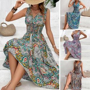 Casual Dresses V Neck Sleeveless Women Bohemian Dress Tight midje Färgglada tryck Mid-kalvlängd Sommarsemesterstrand Midi