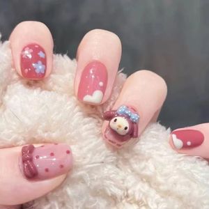 24Pcs Short Square False Nail With Sticker Fancy Cartoon Artificial Fake Nails DIY Full Cover Tips Manicure Tool 240305