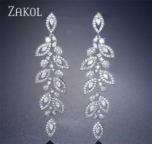Zakol Fashion Korean CZ Leaf Wedding Jewelry Marquise AAA Cubic Zirconia Long Drop Brudörhängen för eleganta kvinnor FSEP2144 22016971507
