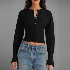 Cardigan da donna a maniche lunghe aperto davanti a trecce lavorato a maglia cardigan corto maglioni con bottoni con scollo a V