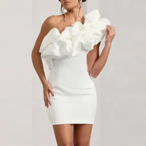 Vestidos casuais suninheart elegante mulheres plissado vestido curto branco bodycon festa senhoras um ombro cetim apertado encaixe totalmente forrado