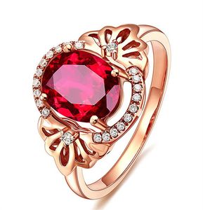 Fashion Flower 3 Czerwone kryształowe rubinowe szlachetne pierścionki Diamonds Pierścienie dla kobiet Rose Gold Kolor Biżuteria Bague Bijoux Party Gifts6172580