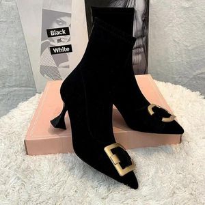 Boots 2024 Korean Version Of Rhinestone Design Booties Women's Single Elastic Slim Black Stilettos Autumn