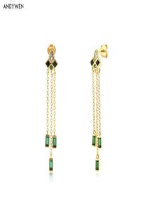 Andywen 925 Sterling Silver Gold White Green Black Long Chain Drop Earring Women Wedding Fine Jewelry Clips Piercing Pendiente 2102889906