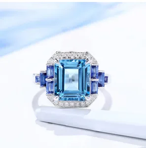 Klusterringar Vittguldpläterat lyxigt Shinning Create-Aquamarine Tanzanite Create-Sapphire Square Shape Ring for Women