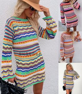 Günlük elbiseler boho çizgili örgü elbise kadınlar sonbahar uzun kollu tığ işi mini kadın moda içi boş bodycon jumper sweater