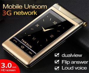 Luxury Unlocked 2010 3G WCDMA -mobiltelefoner Flip Phone TKExun G101 Dual Touch Screen 30 Inch Phone SOS Quick FM Radio Old5436623