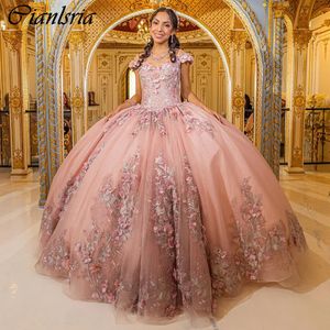 Rose Gold Spaghetti Strap Ball Gown Quinceanera Dresses 3D Flowers Appliques Lace Corset Vestidos De 15 Anos