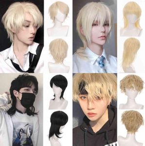 Perucas sintéticas de cabelo cosplay curto encaracolado peruca masculina preto branco amarelo metade cosplay anime traje perucas de halloween cabelo sintético com 2182586