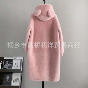 Nuovo Haining Autunno Inverno, Cappotto lungo in pelliccia di visone ecologico per donna, cappuccio carino, orecchie larghe e calde 900132