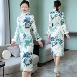 Saia cheongsam vestido feminino saia vintage outono e inverno novo tamanho grande feminino mais veludo grosso manga comprida melhorado