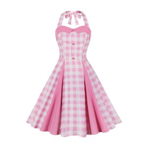 Dress Women Pink Plaid Dress Vintage Halterneck Rockabilly Cocktail Party Elegant Dress 1950s 40s Swing Dress Summer Dress