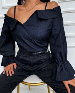 Blusas femininas y2k para mulher 2024 primavera/verão cor sólida jean ombro frio v-corte manga larga pulôver blusa camisa topo