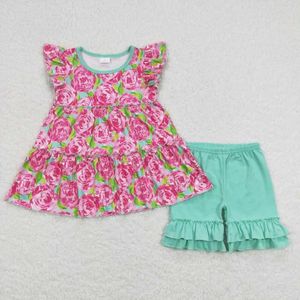 Girl Dresses Wholesale Western Boutique Children's Clothing Baby Girls Clothes Floral Turquoise Flying Sleeve Top Lace Shorts Suit