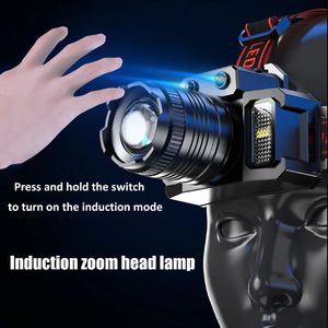 Sensor-Stirnlampen, USB wiederaufladbar, wasserdicht, LED-Zoom-Stirnlampe, Outdoor, Camping, Angelzubehör, mobile Powerbank-Scheinwerfer 240301