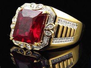 Big Square Red Crystal Ruby Zircon Diamond Gemstones Rings for Men Women 18k Gold Color Bague Jewelry Trendy Party Accessories2819532