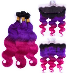 Silanda Hair 3 Tone Ombre T 1BPurplerose Red Body Wave Remy Human Hair Weave Bundles 3 Wefts with 13x4 spets frontal 6579519