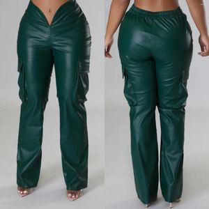 Women's Pants Long Cargo Pant 2024 Personalized Street Trends Pocket Design Cuffed Pu Leather Autumn Winter High Waist