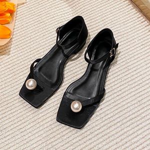 Sandals Maxdutti High Street Fashion Commuter French Simple Square Toe Pearl Thong Heels Buckle Strap Small Thick Heel