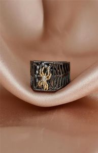 Wedding Rings Punk Female Male White Crystal Ring Steampunk 14KT Black Gold Big For Women Men Unique Spider Web Hollow Party Jewel9607353