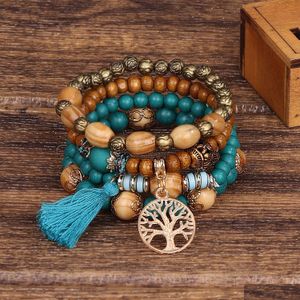 Charm Bracelets 4Pcs/Set Bohemia Tree Of Life Charm Bracelet Set For Women Handmade Wood Beads Chain Bangle Grils Fashion Party Jewel Dhgfi