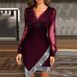 Kleid elegante Frauen Langarm Langarm hoher Taille Kleid unregelmäßige sexy glänzende Mesh Patchwork Vneck Bodycon Kleid Fashion Prom Party Kleidung