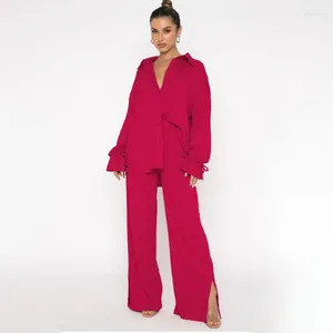 Women's Two Piece Pants Matching Sets Set Women 2024 Spring Wide Leg Suit Shirt Top Work Tracksuit Vintage Tie Boho Y2k Streetwear